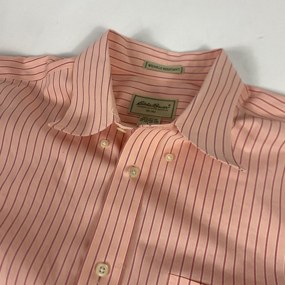 Eddie Bauer Shirt Mens Large Pink Stripe Wrinkle Resistant Dress Long Sleeve